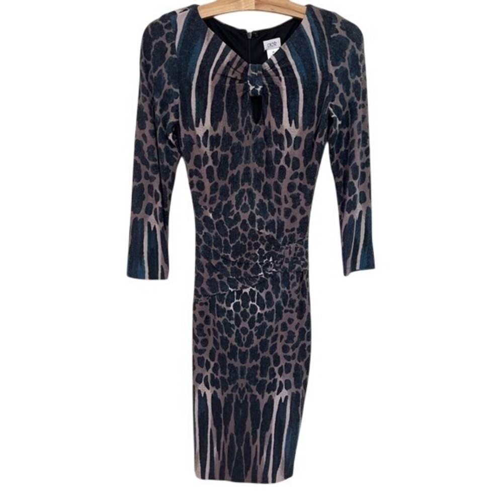 Cache Blue Grey Leopard Print Bodycon Sheath Dress XS 3/4 Sleeve Ruched